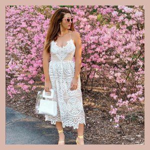 White Lace Midi Dress- Bridal Shower, Rehearsal Dinner- Sz Medium